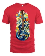 Artistic Floral Guitar T-Shirt Boho Music Lover Tee - red t-shirt on white background