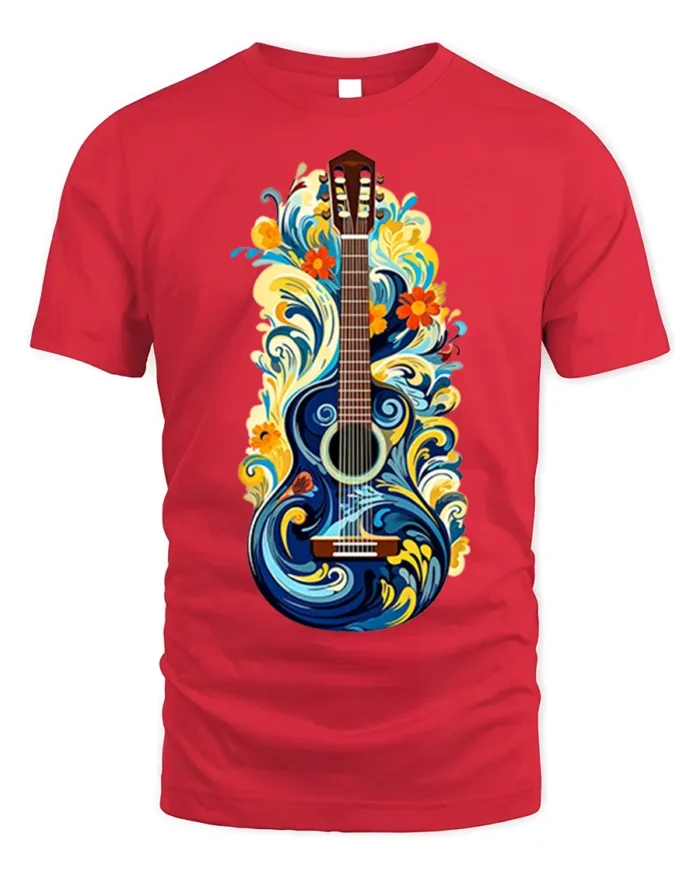 Artistic Floral Guitar T-Shirt Boho Music Lover Tee - red t-shirt on white background