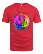 Colorful Smiley Face T-Shirt Mosaic Art Graphic Tee - red t-shirt on white background