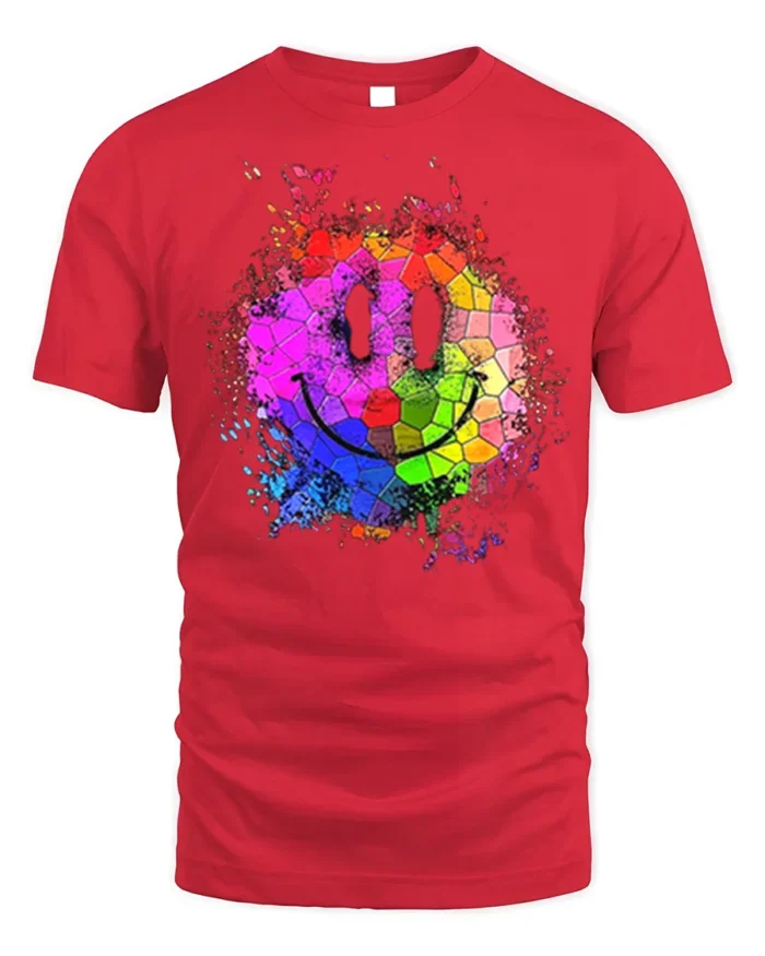 Colorful Smiley Face T-Shirt Mosaic Art Graphic Tee - red t-shirt on white background