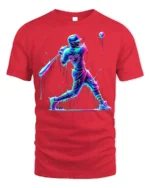 Neon Baseball Hitter Splash Art Graphic T-Shirt - red t-shirt on white background
