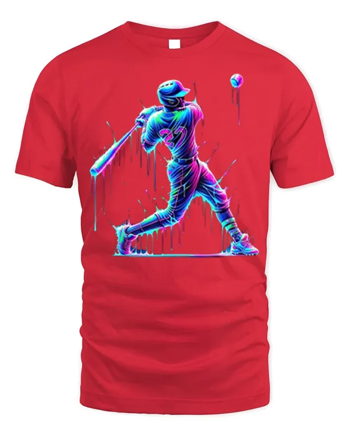 Neon Baseball Hitter Splash Art Graphic T-Shirt - red t-shirt on white background
