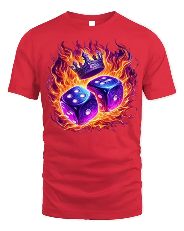 Flaming Dice and Crown Graphic T-Shirt for Game Lovers - red t-shirt on white background