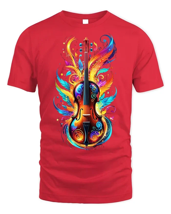Colorful Violin Flame Art T-Shirt for Music Lovers USA - red t-shirt on white background