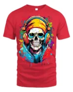 Street Style Skull Headphones T-Shirt for Music Lovers - red t-shirt on white background