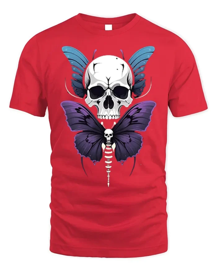 Skull Butterfly Gothic T-Shirt Dark Art Graphic Tee - red t-shirt on white background
