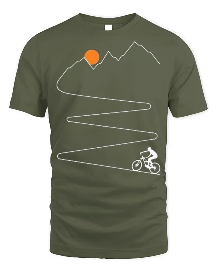 Mountain Climb Cycling Path Graphic T-Shirt for Men - military green t-shirt on white background