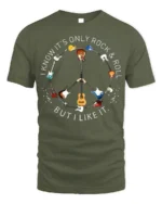 Rock and Roll Peace Sign Guitar T-Shirt Music Lovers - military green t-shirt on white background