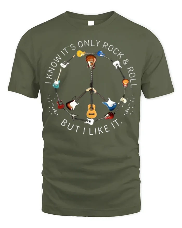 Rock and Roll Peace Sign Guitar T-Shirt Music Lovers - military green t-shirt on white background