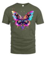 Colorful Butterfly Graphic T-Shirt Artistic Vibrant Tee - military green t-shirt on white background