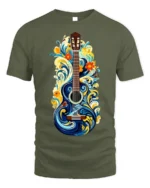 Artistic Floral Guitar T-Shirt Boho Music Lover Tee - military green t-shirt on white background