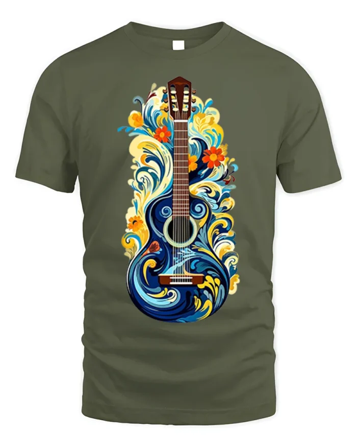Artistic Floral Guitar T-Shirt Boho Music Lover Tee - military green t-shirt on white background