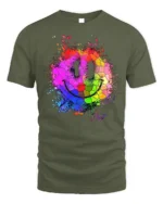 Colorful Smiley Face T-Shirt Mosaic Art Graphic Tee - military green t-shirt on white background