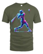 Neon Baseball Hitter Splash Art Graphic T-Shirt - military green t-shirt on white background