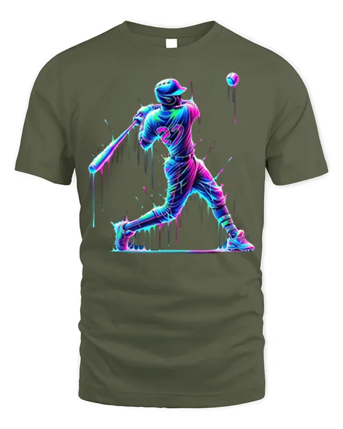 Neon Baseball Hitter Splash Art Graphic T-Shirt - military green t-shirt on white background