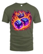 Flaming Dice and Crown Graphic T-Shirt for Game Lovers - military green t-shirt on white background