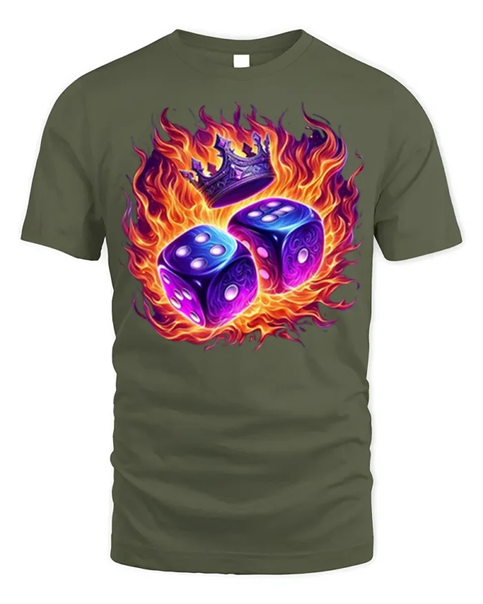 Flaming Dice and Crown Graphic T-Shirt for Game Lovers - military green t-shirt on white background