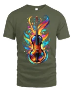 Colorful Violin Flame Art T-Shirt for Music Lovers USA - military green t-shirt on white background