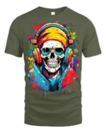 Street Style Skull Headphones T-Shirt for Music Lovers - military green t-shirt on white background