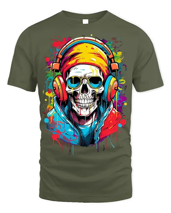 Street Style Skull Headphones T-Shirt for Music Lovers - military green t-shirt on white background