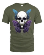 Skull Butterfly Gothic T-Shirt Dark Art Graphic Tee - military green t-shirt on white background