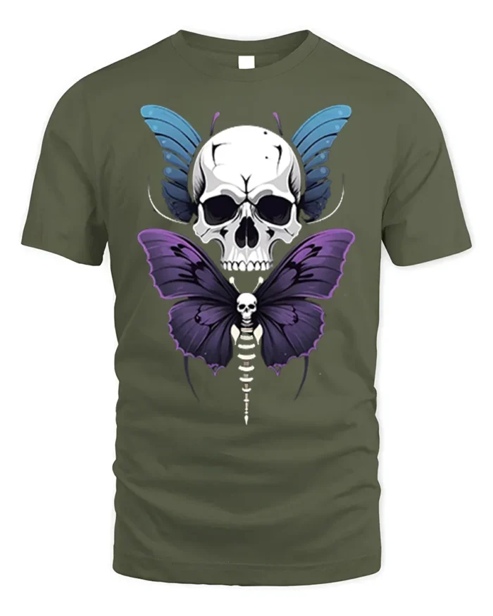 Skull Butterfly Gothic T-Shirt Dark Art Graphic Tee - military green t-shirt on white background