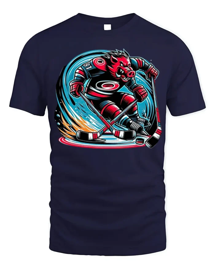 Fierce Boar Hockey Warrior Graphic T-Shirt Men’s Tee - navy t-shirt on white background