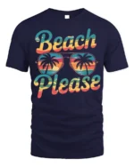 Beach Please Funny Sunset Graphic T-Shirt for Vacation - navy t-shirt on white background