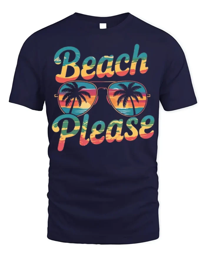 Beach Please Funny Sunset Graphic T-Shirt for Vacation - navy t-shirt on white background