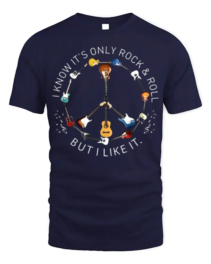Rock and Roll Peace Sign Guitar T-Shirt Music Lovers - navy t-shirt on white background