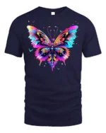 Colorful Butterfly Graphic T-Shirt Artistic Vibrant Tee - navy t-shirt on white background