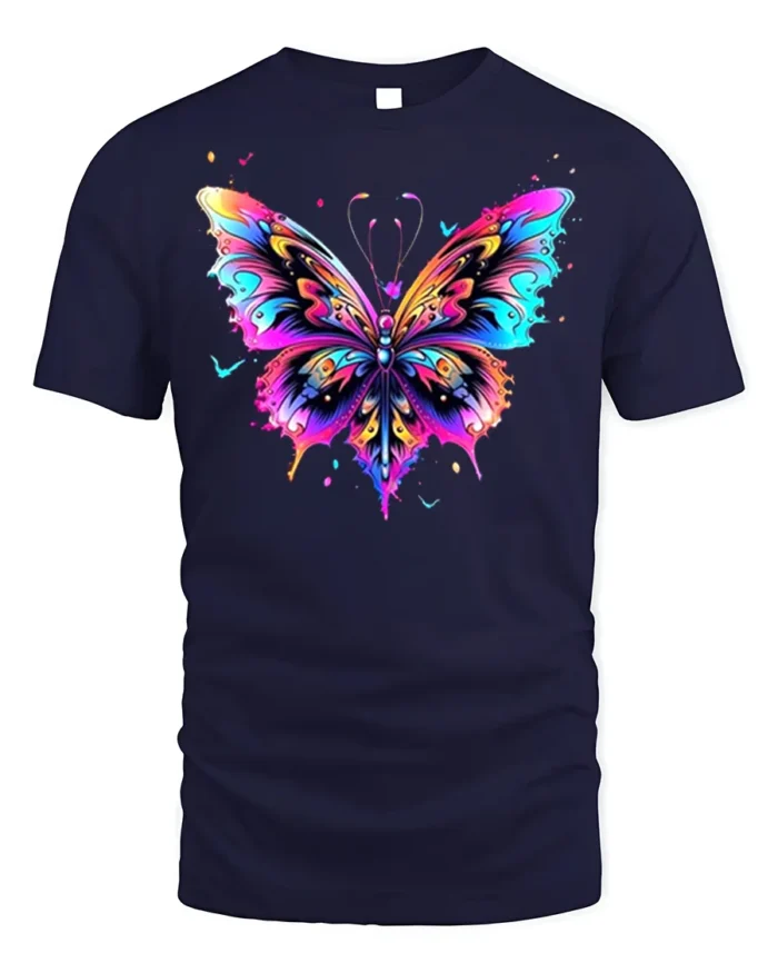 Colorful Butterfly Graphic T-Shirt Artistic Vibrant Tee - navy t-shirt on white background