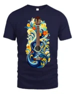 Artistic Floral Guitar T-Shirt Boho Music Lover Tee - navy t-shirt on white background