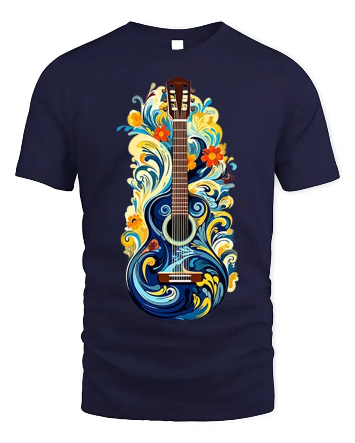 Artistic Floral Guitar T-Shirt Boho Music Lover Tee - navy t-shirt on white background