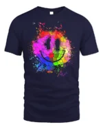 Colorful Smiley Face T-Shirt Mosaic Art Graphic Tee - navy t-shirt on white background