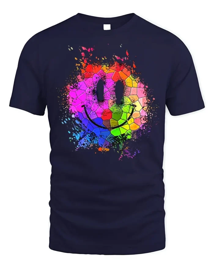Colorful Smiley Face T-Shirt Mosaic Art Graphic Tee - navy t-shirt on white background