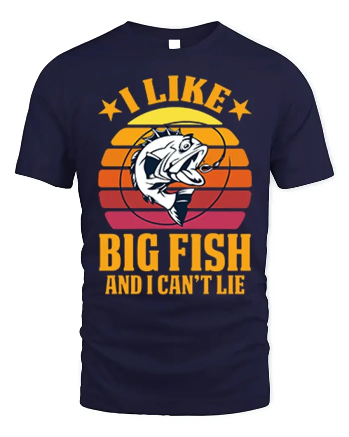 Funny Fishing T-Shirt I Like Big Fish and I Can’t Lie - navy t-shirt on white background