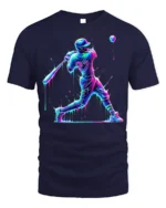 Neon Baseball Hitter Splash Art Graphic T-Shirt - navy t-shirt on white background