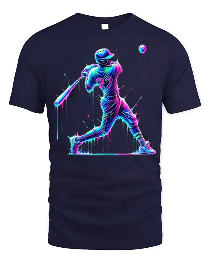 Neon Baseball Hitter Splash Art Graphic T-Shirt - navy t-shirt on white background