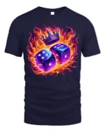 Flaming Dice and Crown Graphic T-Shirt for Game Lovers - navy t-shirt on white background