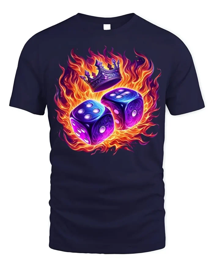 Flaming Dice and Crown Graphic T-Shirt for Game Lovers - navy t-shirt on white background
