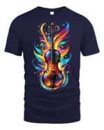 Colorful Violin Flame Art T-Shirt for Music Lovers USA - navy t-shirt on white background