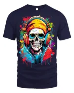 Street Style Skull Headphones T-Shirt for Music Lovers - navy t-shirt on white background