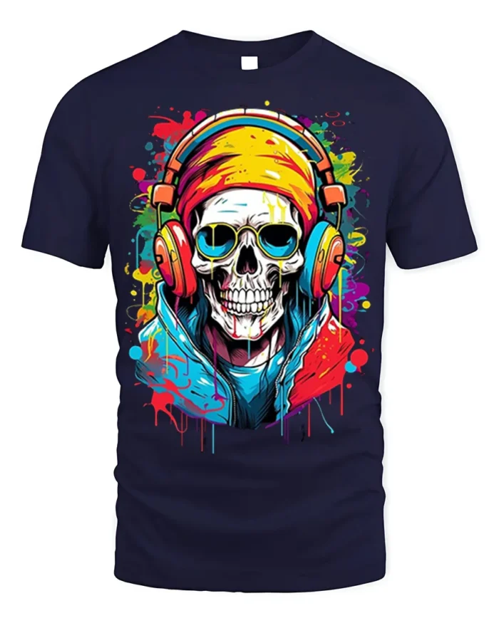 Street Style Skull Headphones T-Shirt for Music Lovers - navy t-shirt on white background