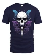 Skull Butterfly Gothic T-Shirt Dark Art Graphic Tee - navy t-shirt on white background