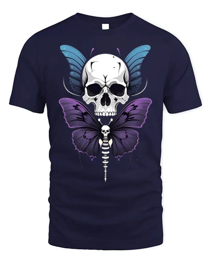 Skull Butterfly Gothic T-Shirt Dark Art Graphic Tee - navy t-shirt on white background