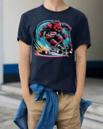 Fierce Boar Hockey Warrior Graphic T-Shirt Men’s Tee - model wearing navy shirt, hands in pockets