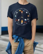Rock and Roll Peace Sign Guitar T-Shirt Music Lovers - model wearing navy shirt, hands in pockets