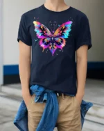Colorful Butterfly Graphic T-Shirt Artistic Vibrant Tee - model wearing navy shirt, hands in pockets