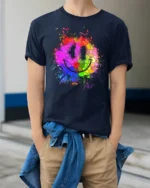 Colorful Smiley Face T-Shirt Mosaic Art Graphic Tee - model wearing navy shirt, hands in pockets